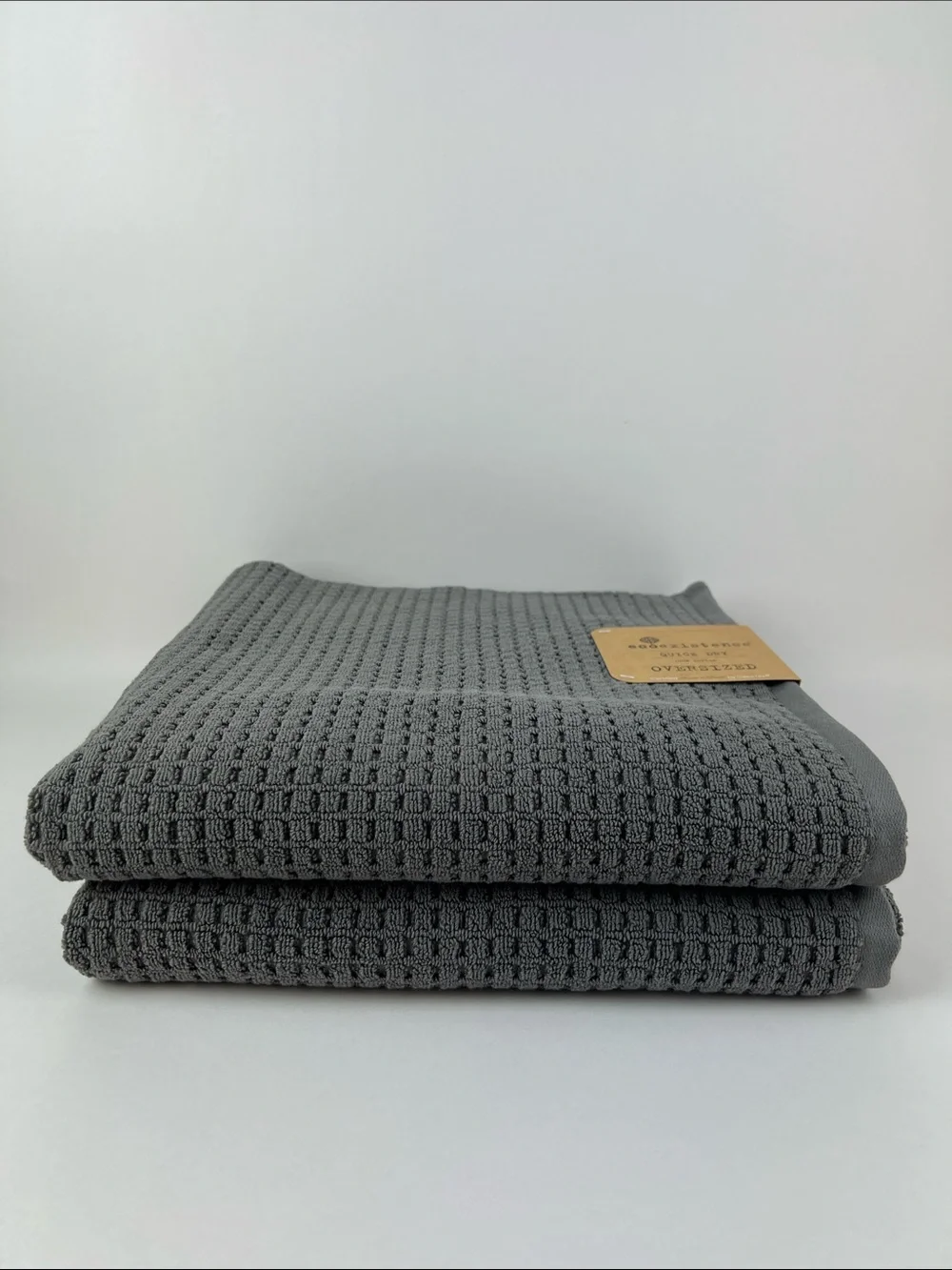 Ecoexistence Bath Towels Oversized Dark Gray Waffle Weave Soft Cotton 2 Pc NEW